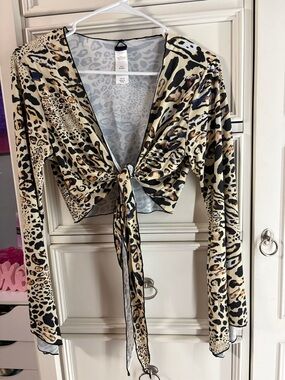 Swimsuits For All Leopard Print Tie-Front Swim Coverup in Black, Tan, Brown